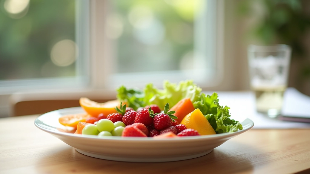 Prato com salada fresca, frutas e água em mesa de trabalho, nutrição focada para concentração