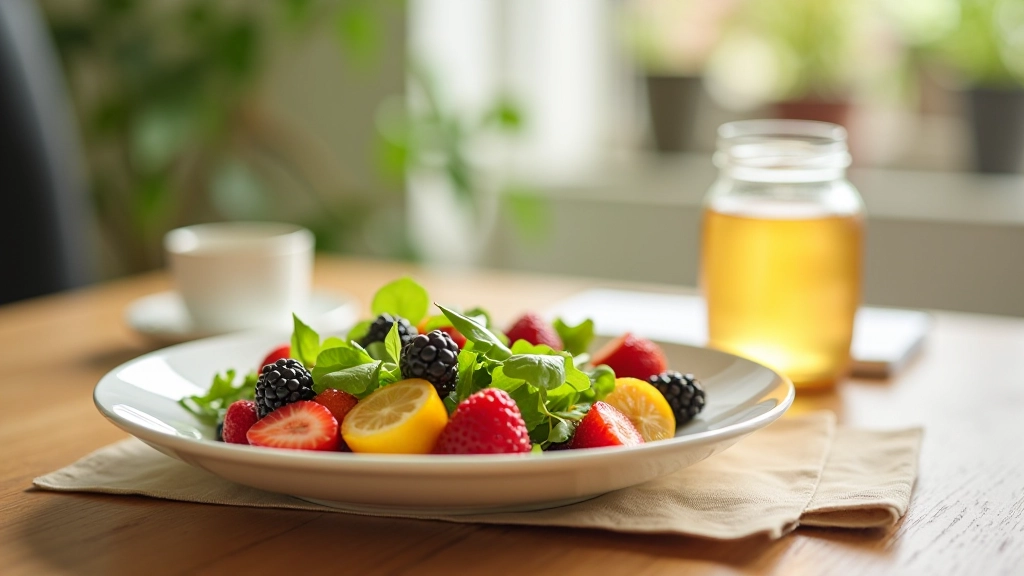 Refeição equilibrada com frutas, vegetais e água no trabalho