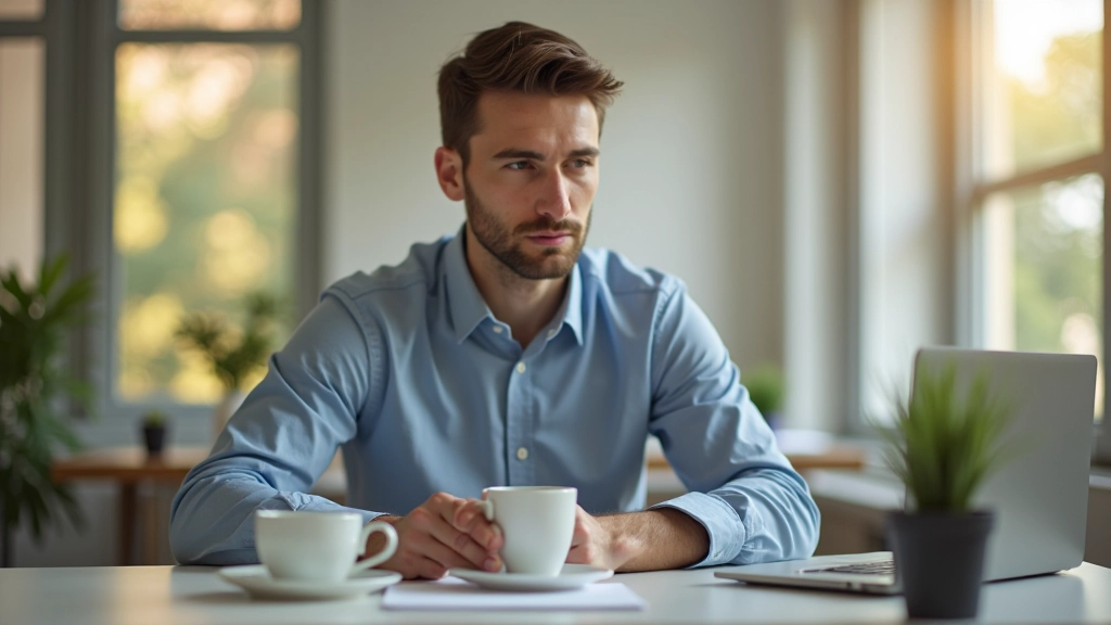Pessoa em escritório durante manhã com xícara de café, luz natural pela janela, foco em produtividade