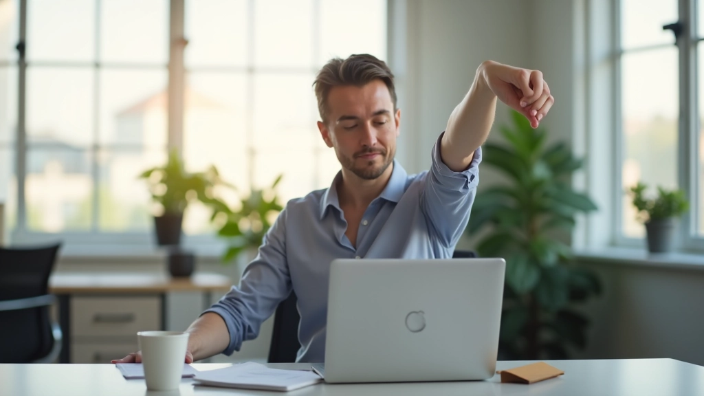 Pessoa relaxando durante pausa no trabalho, alongamento na cadeira, ambiente de escritório